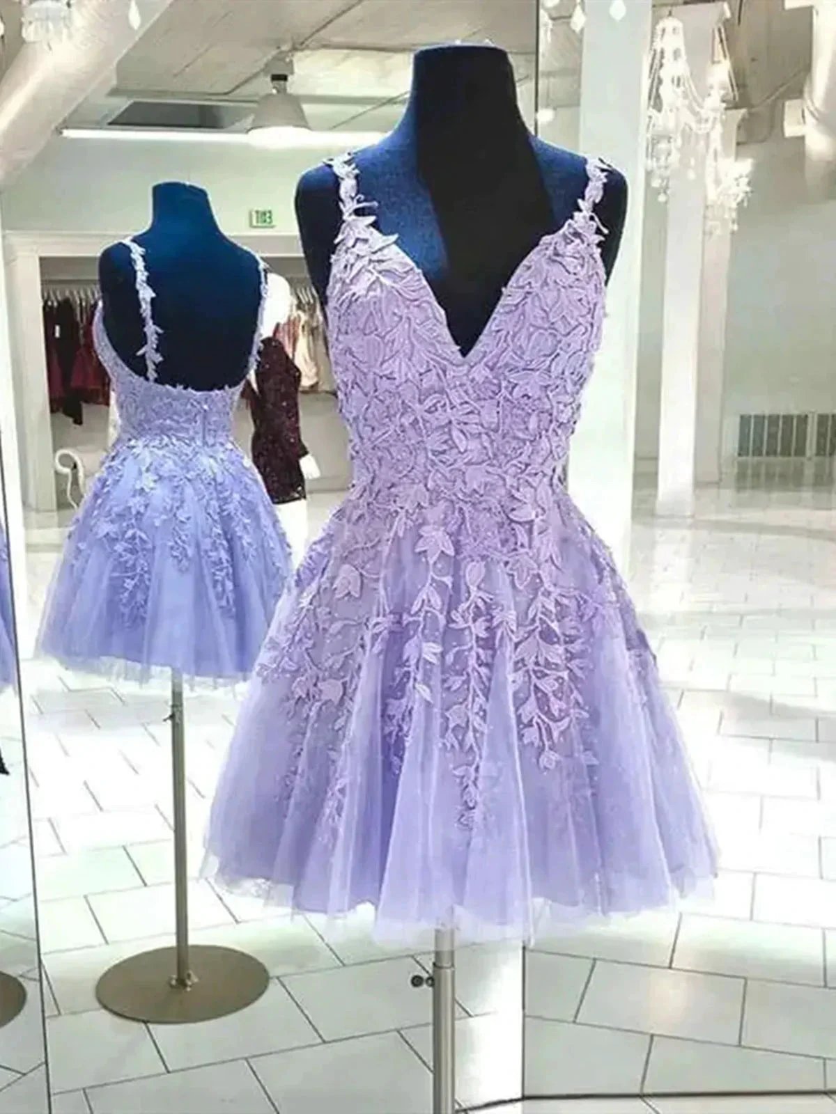Short A-line V-neck Lace Tulle Backless Prom Dress Pink Homecoming Dresses by BIZTUNNEL