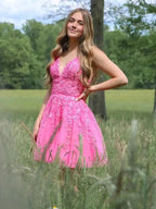Short A-line V-neck Lace Tulle Backless Prom Dress Pink Homecoming Dresses by BIZTUNNEL