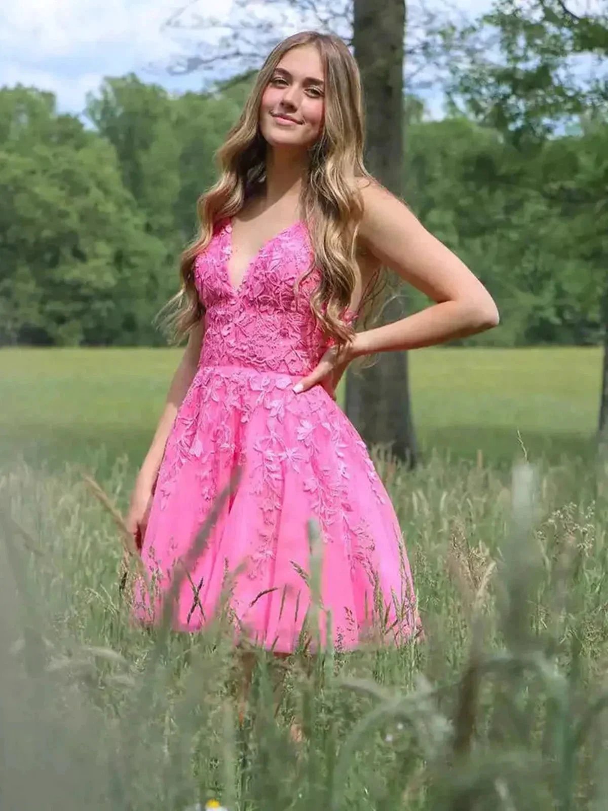 Short A-line V-neck Lace Tulle Backless Prom Dress Pink Homecoming Dresses by BIZTUNNEL
