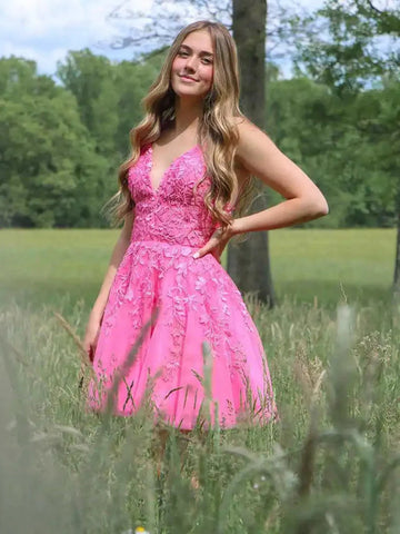 Short A-line V-neck Lace Tulle Backless Prom Dress Pink Homecoming Dresses