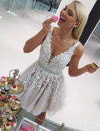 Short A-line V-neck Lace Tulle Homecoming Dress by BIZTUNNEL