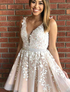 Short A-line V-neck Lace Tulle Homecoming Dress by BIZTUNNEL