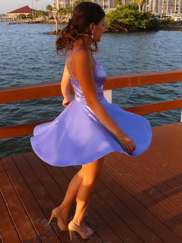 Short A-line V-neck Satin Prom Dress with Pockets Lilac Homecoming Dresses