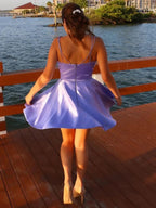 Short A-line V-neck Satin Prom Dress with Pockets Lilac Homecoming Dresses by BIZTUNNEL