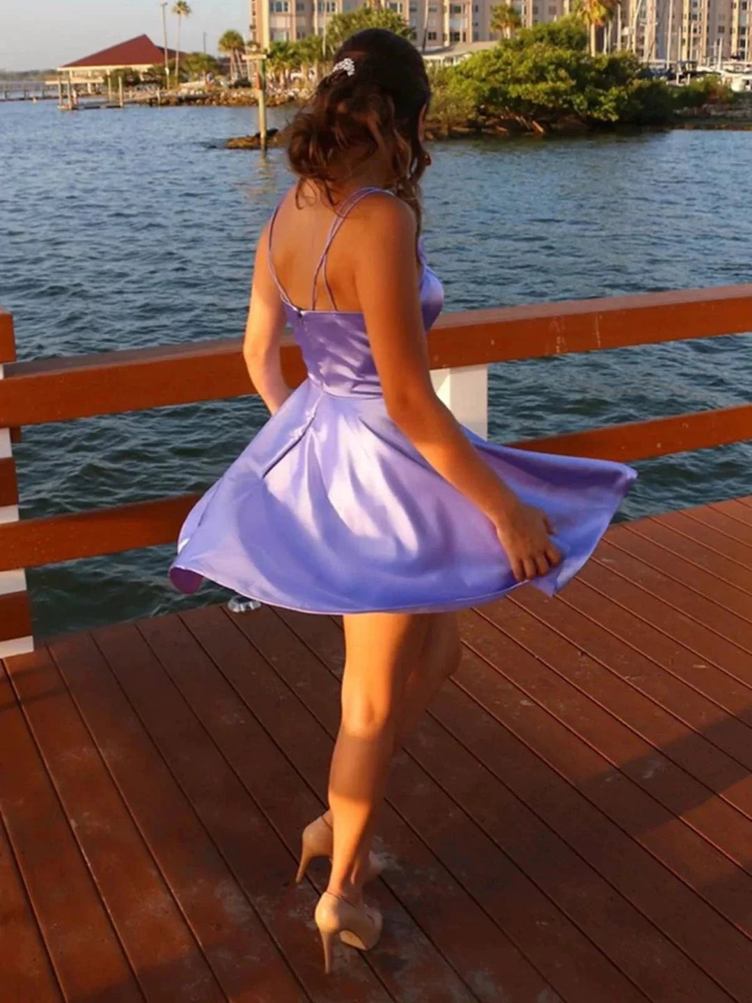 Short A-line V-neck Satin Prom Dress with Pockets Lilac Homecoming Dresses by BIZTUNNEL