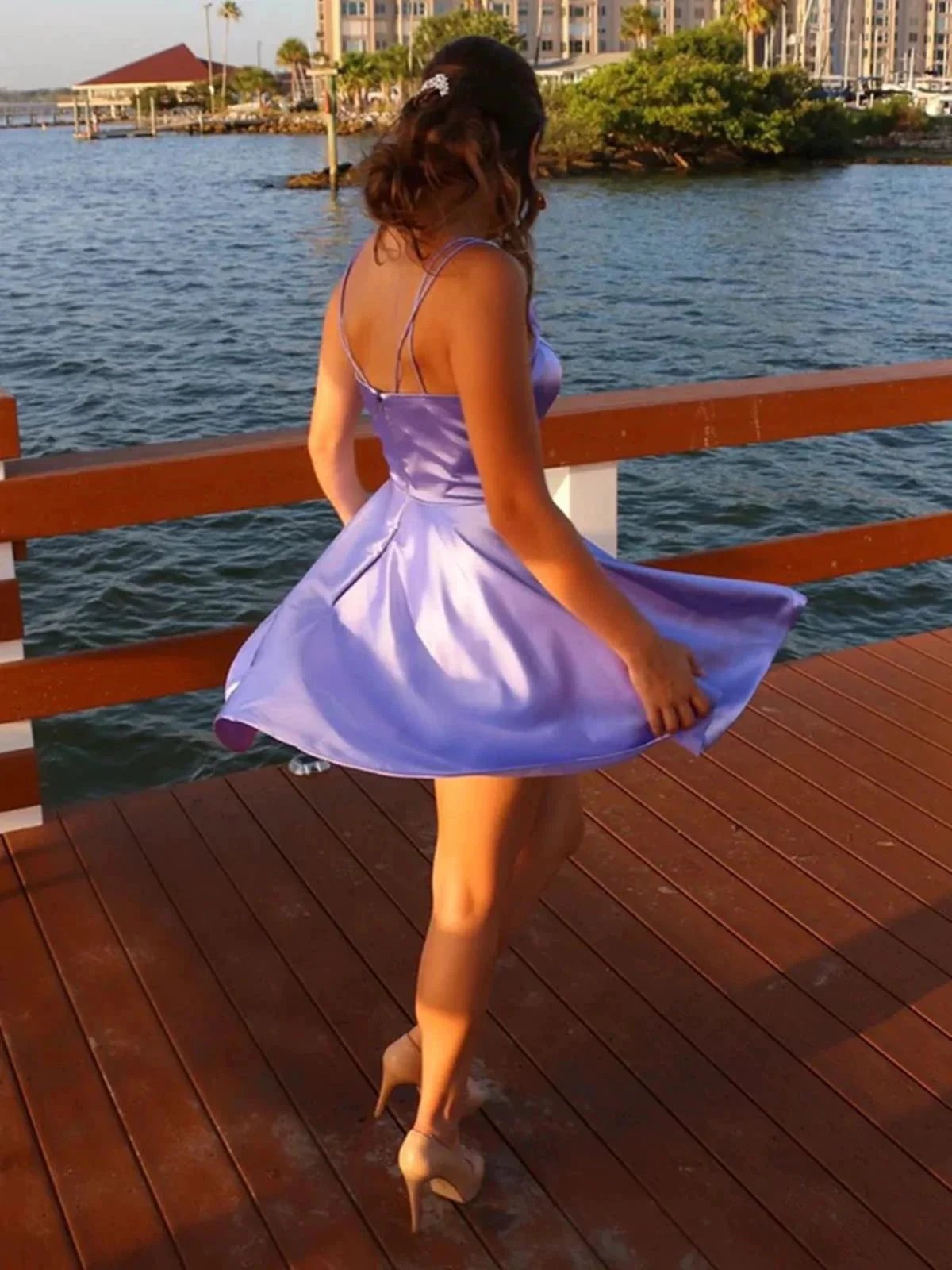 Short A-line V-neck Satin Prom Dress with Pockets Lilac Homecoming Dresses by BIZTUNNEL