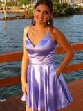 Short A-line V-neck Satin Prom Dress with Pockets Lilac Homecoming Dresses by BIZTUNNEL