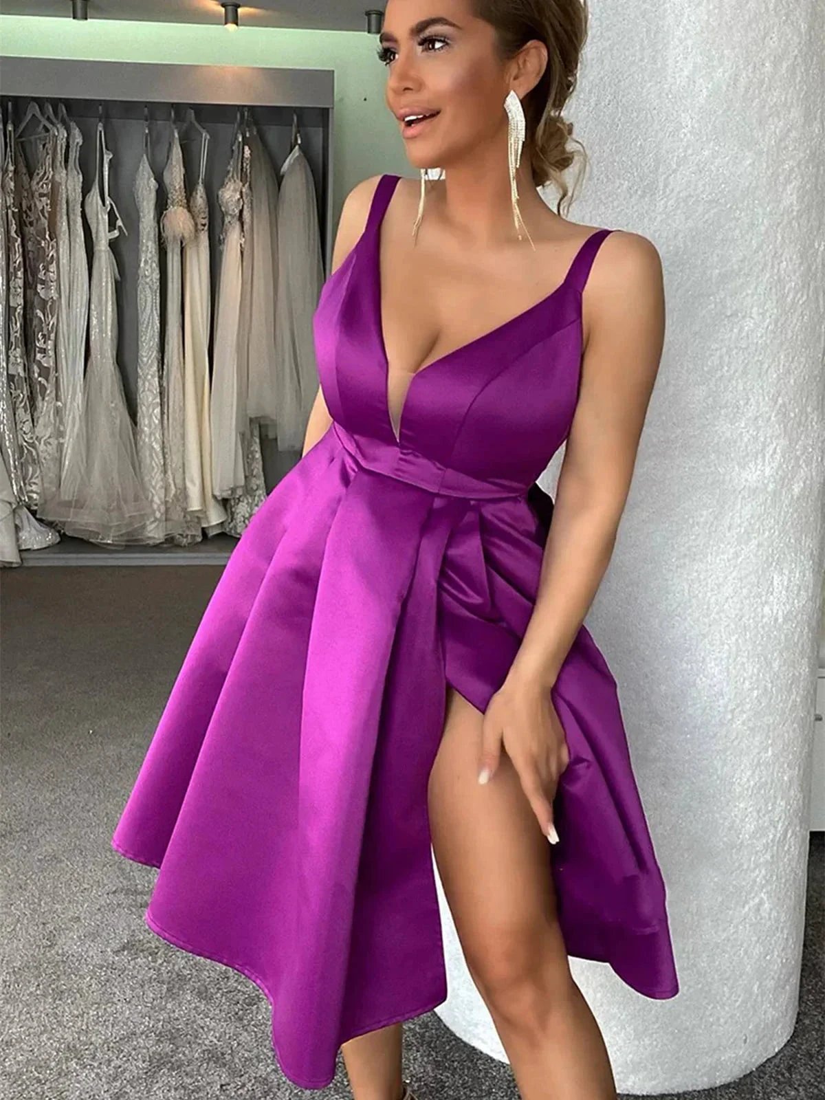 Short A-line V-neck Satin Prom Dress with Slit Purple Homecoming Dresses by BIZTUNNEL