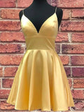 Short A Line V Neck Satin Prom Dresses Yellow Homecoming Dress by BIZTUNNEL