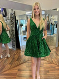 Short A-line V-neck Sequins Prom Homecoming Dresses with Pockets by BIZTUNNEL