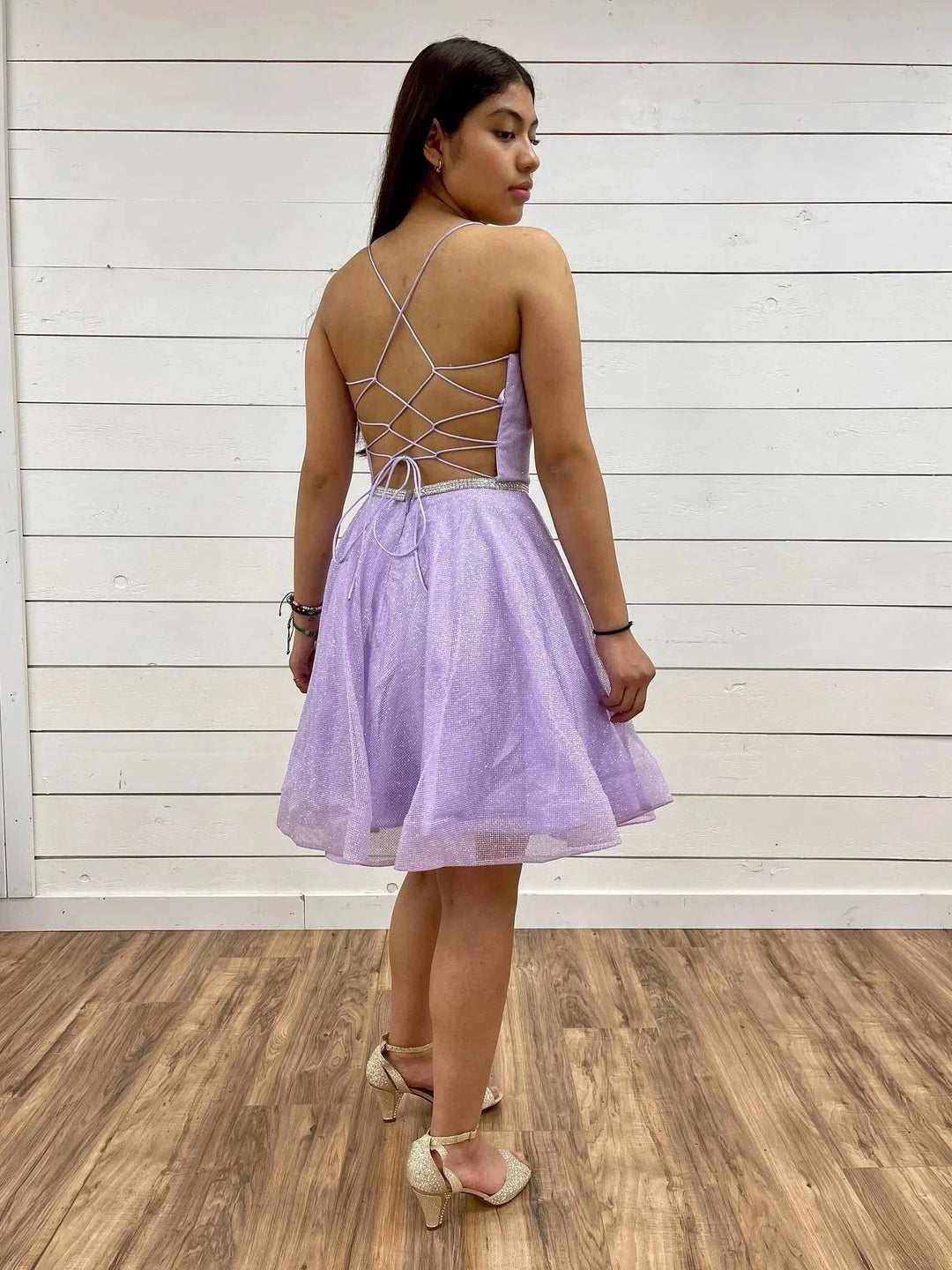 Short A-line V Neck Tulle Backless Prom Dresses Lilac Homecoming Dresses by BIZTUNNEL
