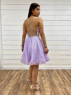 Short A-line V Neck Tulle Backless Prom Dresses Lilac Homecoming Dresses by BIZTUNNEL