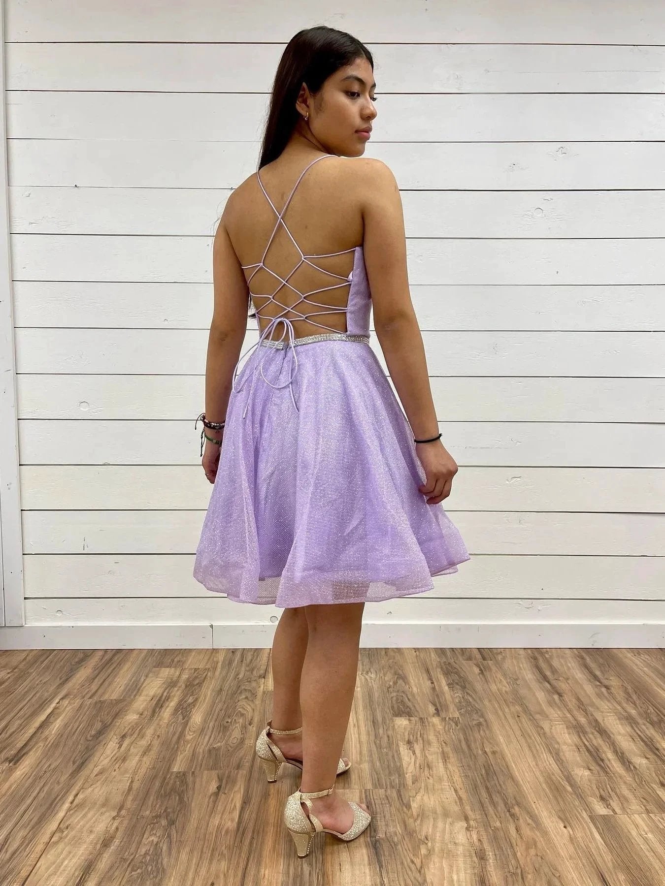 Short A-line V Neck Tulle Backless Prom Dresses Lilac Homecoming Dresses by BIZTUNNEL