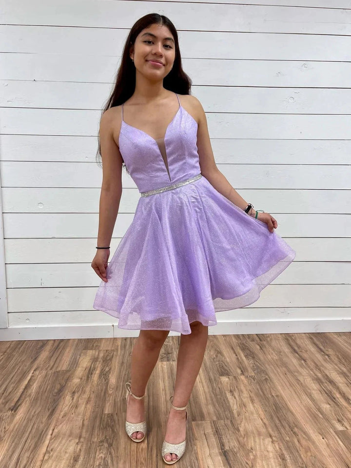 Short A-line V Neck Tulle Backless Prom Dresses Lilac Homecoming Dresses by BIZTUNNEL