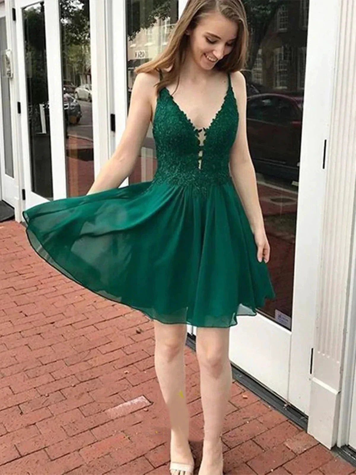 Short A-line V Neck Tulle Lace Prom Dresses Green Formal Graduation Evening Dresses by BIZTUNNEL
