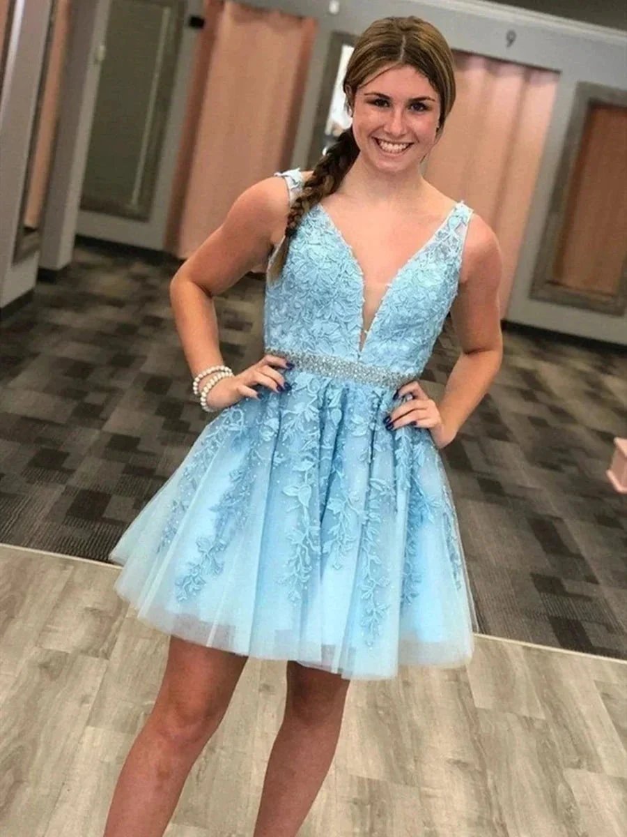 Short A-line V-neck Tulle Lace Prom Homecoming Dresses with Belt by BIZTUNNEL
