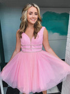 Short A Line V Neck Tulle Prom Dresses Pink Homecoming Dresses by BIZTUNNEL