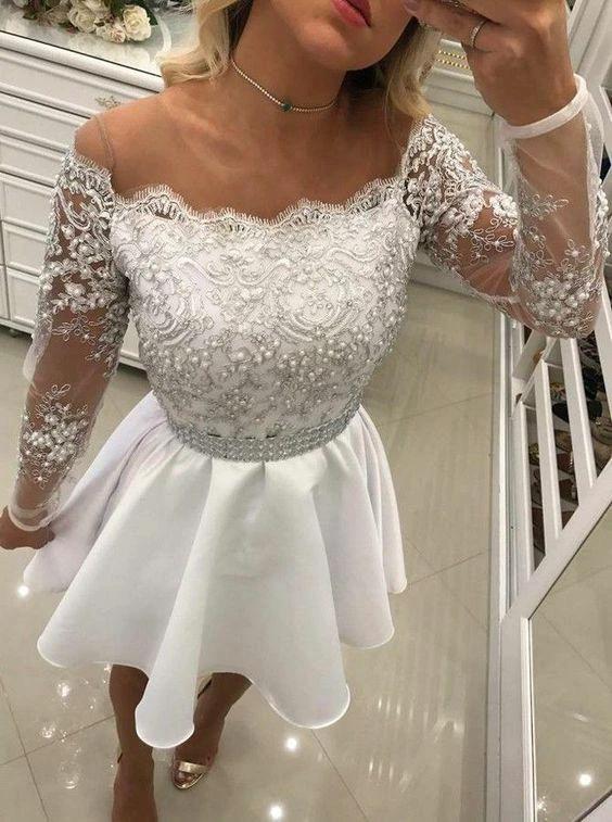 Short A Line White Lace Long Sleeves Chiffon Prom Dresses by BIZTUNNEL