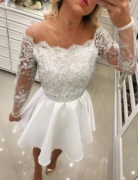 Short A Line White Lace Long Sleeves Chiffon Prom Dresses by BIZTUNNEL