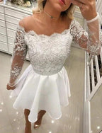Short A Line White Lace Long Sleeves Chiffon Prom Dresses by BIZTUNNEL