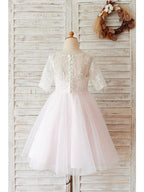 Short Ball Gown Lace Tulle Half Sleeve Jewel Neck Wedding Birthday Flower Gir… - photo 2