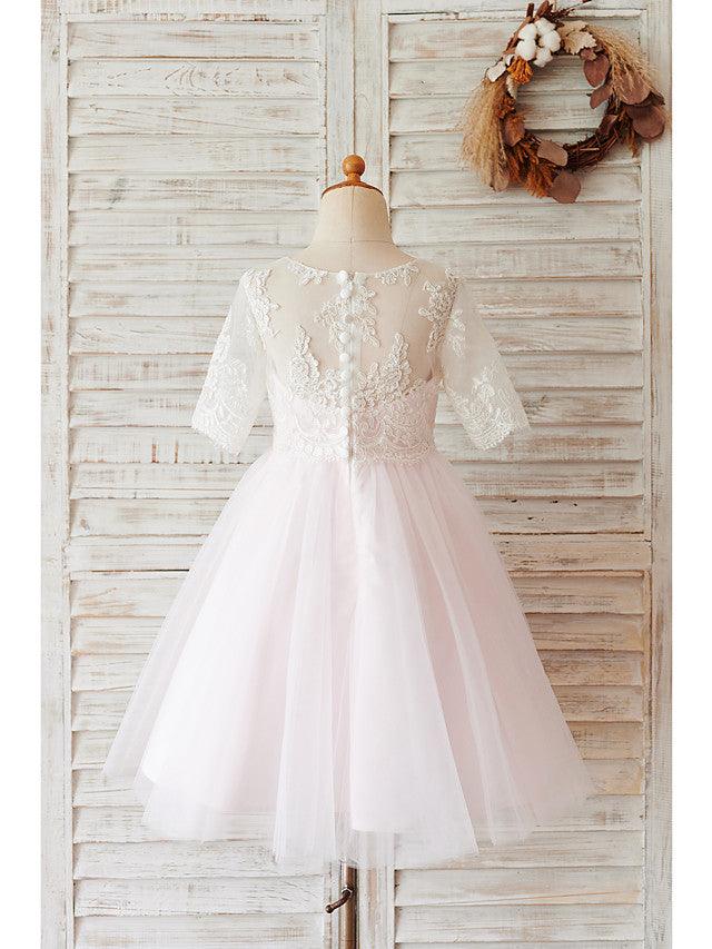 Short Ball Gown Lace Tulle Half Sleeve Jewel Neck Wedding Birthday Flower Gir… - photo 2