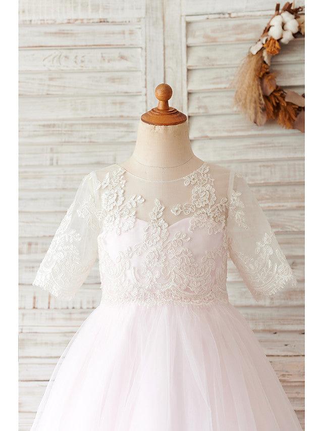 Short Ball Gown Lace Tulle Half Sleeve Jewel Neck Wedding Birthday Flower Gir… - photo 3