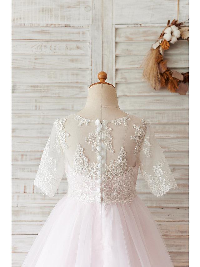 Short Ball Gown Lace Tulle Half Sleeve Jewel Neck Wedding Birthday Flower Gir… - photo 4