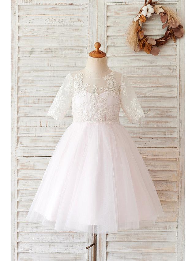 Short Ball Gown Lace Tulle Half Sleeve Jewel Neck Wedding Birthday Flower Gir… - photo 1