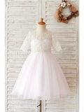 Short Ball Gown Lace Tulle Half Sleeve Jewel Neck Wedding Birthday Flower Gir… - photo 1