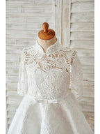 Short Ball Gown Lace Tulle High Neck Wedding Birthday Flower Girl Dresses Wit… - photo 3