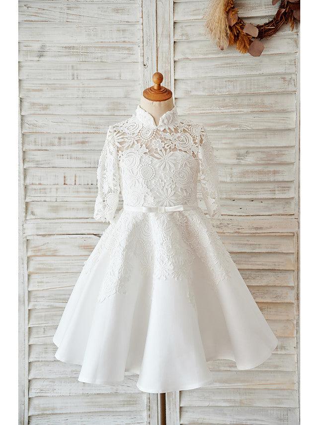 Short Ball Gown Lace Tulle High Neck Wedding Birthday Flower Girl Dresses Wit… - photo 1