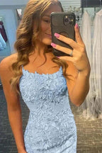 Short Column Blue Lace Spaghetti Straps Sleeveless Prom Dresses by misshow.com