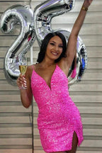 Short Fucsia Sequins V-neck Sleeveless Prom Dresses with Slit by misshow.com