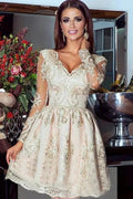 Short Gold V-Neck Long Sleeves Homecoming Dress With Lace Appliques by misshow.com