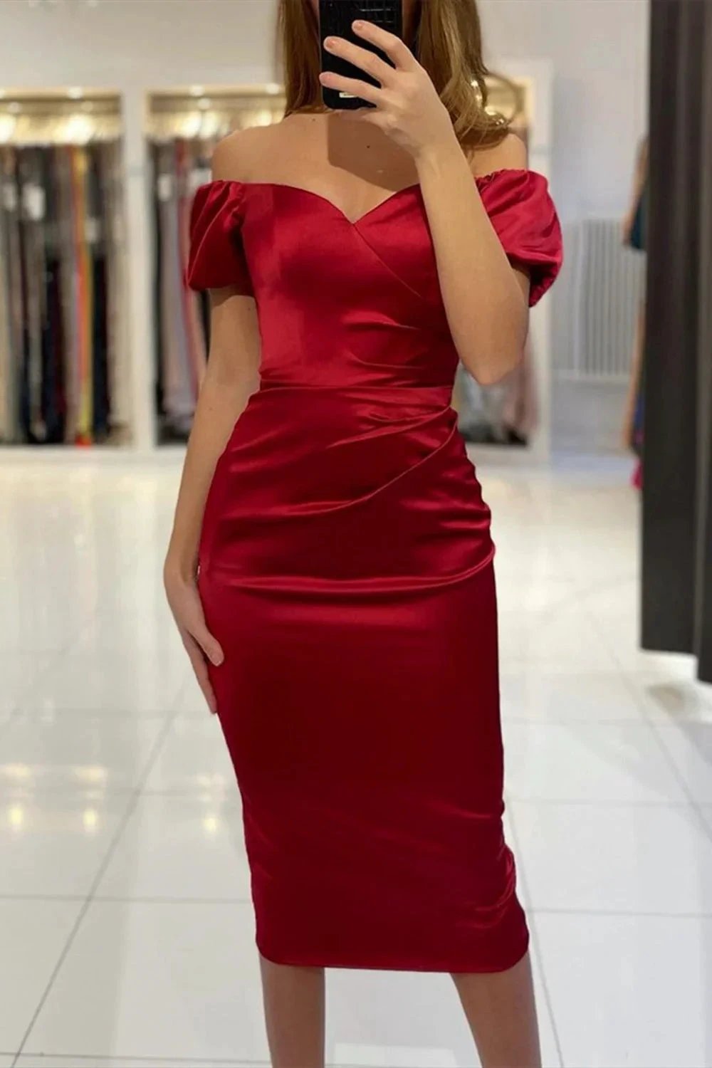 Short Mermaid Off the Shoulder Satin Tea Length Formal Prom Dresses with Sleeves by BIZTUNNEL