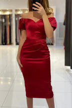 Short Mermaid Off the Shoulder Satin Tea Length Formal Prom Dresses with Sleeves by BIZTUNNEL