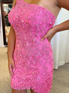 Short Mermaid One Shoulder Lace Prom Dresses Pink Homecoming Dresses by BIZTUNNEL