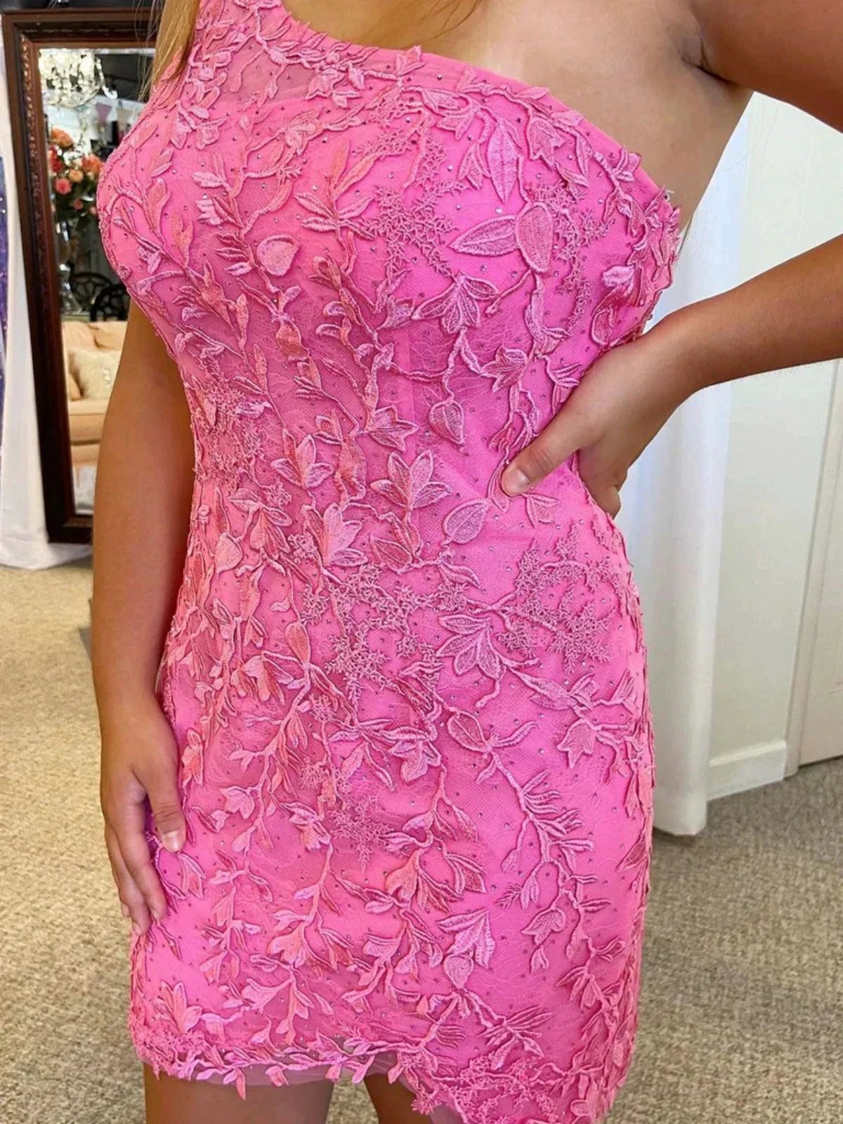 Short Mermaid One Shoulder Lace Prom Dresses Pink Homecoming Dresses by BIZTUNNEL