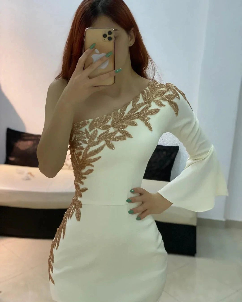 Short Mermaid One Shoulder Satin Formal Dress with Sleeves by BIZTUNNEL