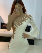 Short Mermaid One Shoulder Satin Formal Dress with Sleeves by BIZTUNNEL