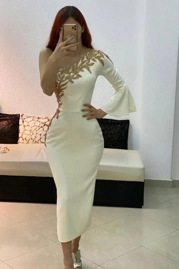 Short Mermaid One Shoulder Satin Formal Dress with Sleeves by BIZTUNNEL