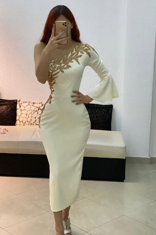 Short Mermaid One Shoulder Satin Formal Dress with Sleeves