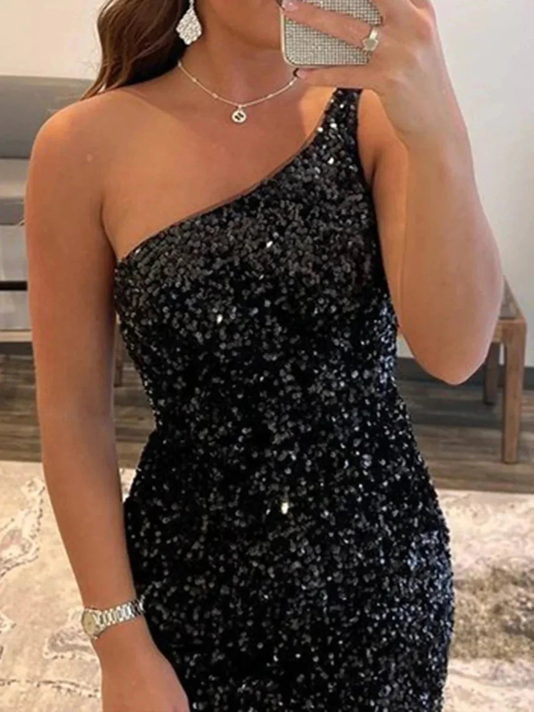 Short Mermaid One Shoulder Sequins Backless Prom Dresses Black Homecoming Dresses by BIZTUNNEL
