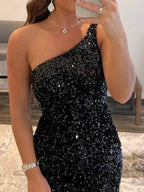 Short Mermaid One Shoulder Sequins Backless Prom Dresses Black Homecoming Dresses by BIZTUNNEL