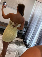 Short Mermaid Sweetheart Lace Prom Dress Yellow Homecoming Dresses by BIZTUNNEL
