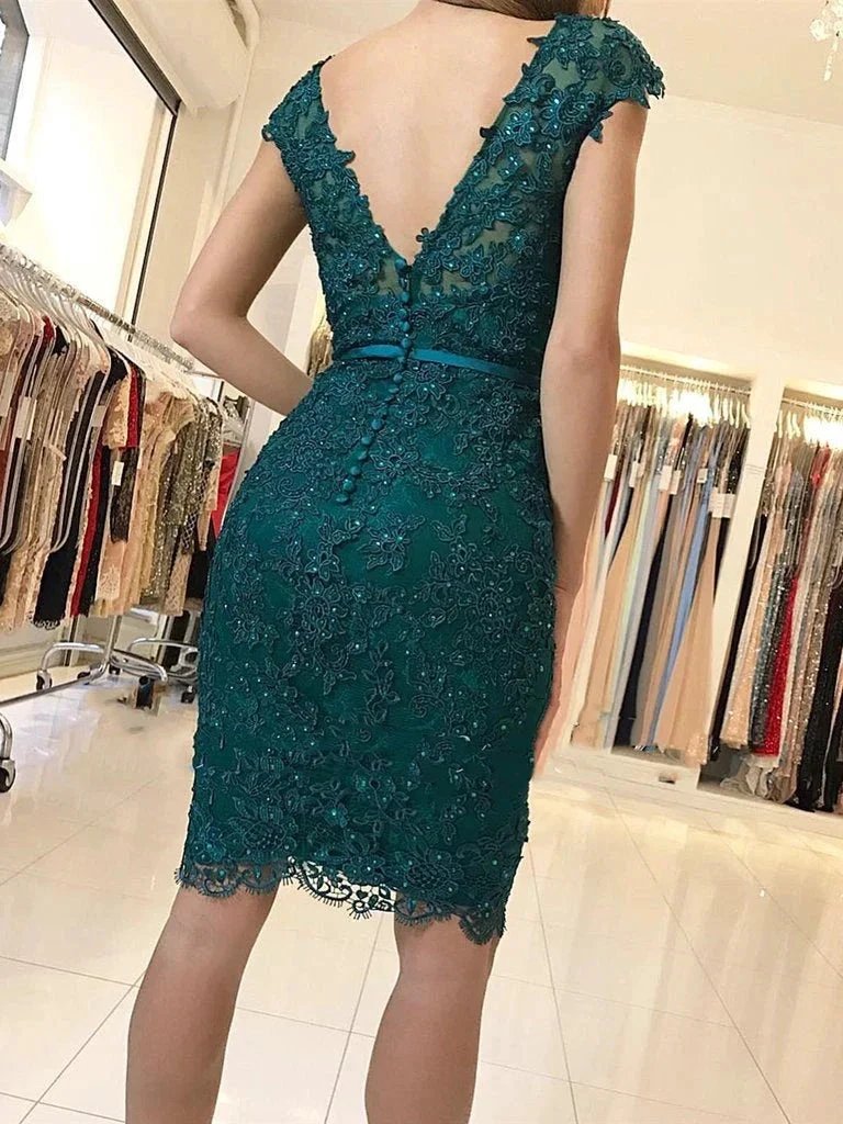 Short Mermaid V-neck Tulle Lace Backless Formal Prom Homecoming Dresses by BIZTUNNEL