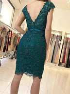Short Mermaid V-neck Tulle Lace Backless Formal Prom Homecoming Dresses by BIZTUNNEL