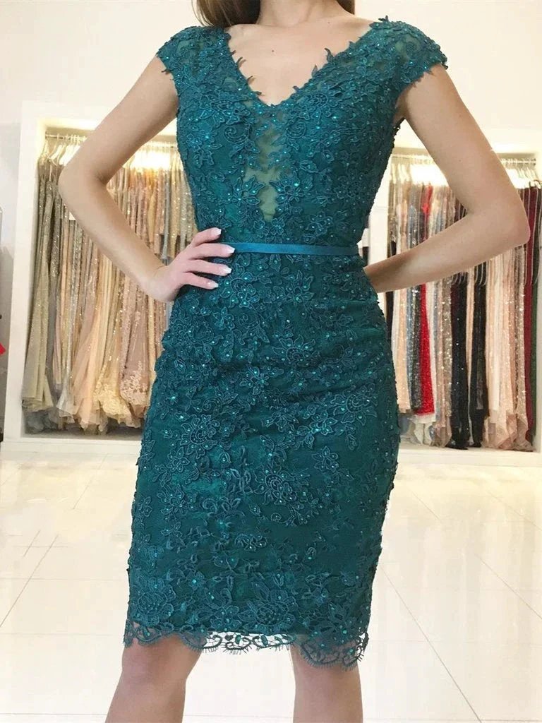 Short Mermaid V-neck Tulle Lace Backless Formal Prom Homecoming Dresses by BIZTUNNEL