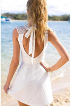 Short Open Back White Stretch Satin Homecoming Dress with Lace PG128 by pgmdress